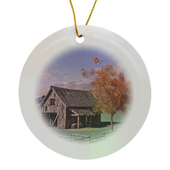 3drose, Old Barn Close up in Autumn, Circle Porcelain Ornament