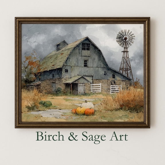 Old Barn Fall Wall Art Print With Windmill And Prairie Autumn Landscape