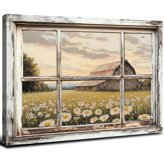 Old Barn Flowers Wall Art Faux Window Picture Field White Daisy Painting Vintage Nature Botanical Wall Decor Farmhouse Wildflowers Canvas Poster for Living Room Bedroom Bathroom Home Decoration 12x16"
