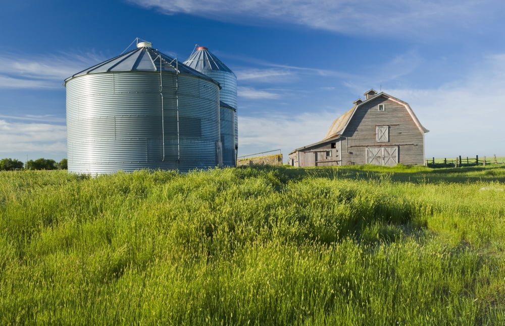 Old Barn With Metal Grain Bins Ponteix Saskatchewan Canada Canvas Art - Dave Reede Design Pics (19 x 12)