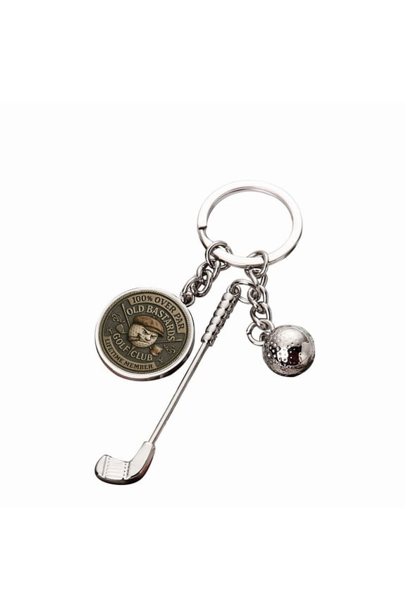 Old Bastard Club Golf Keychain, Metal Golf Club & Ball Keyring, Humorous Engraved Accessory Gift for Golf Enthusiasts Fathers Day