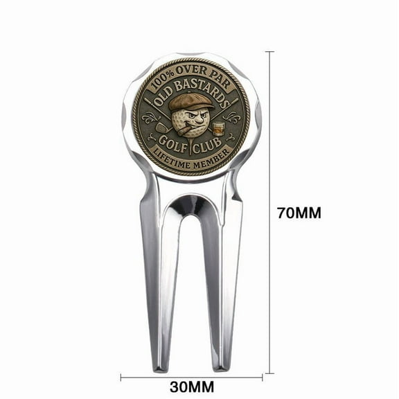 Old Bastards Golf Club Divot Tool Repair Fork with Ball Marker, Funny Golf Gifts for Men, Durable Metal Ball Mark Repair Tool for Golfers, Golf Course Accessories for Green Maintenance