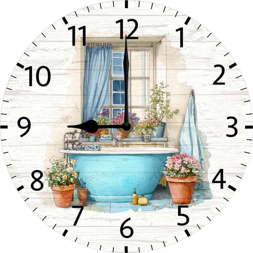 Old Bath Sign Wall Clock Farmhouse Clock for Bathroom Toliet Guest Washroom Battery Operated Silent Clocks Movement Non Ticking Room Decor 10x10 Inch