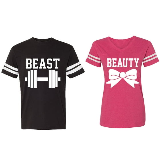 Old Beast Beauty Matching Couple Cotton Jerseys (Men Black / Women Pink) (Men XL / Women XXL)