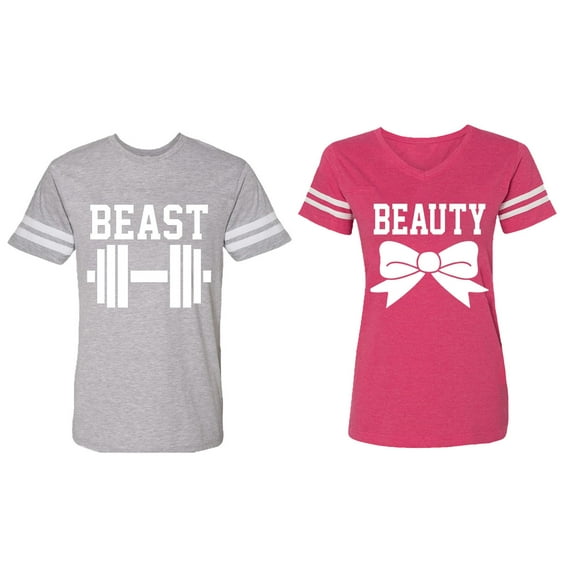 Old Beast Beauty Matching Couple Cotton Jerseys (Men Heather / Women Pink) (Men XXXL / Women XXL)