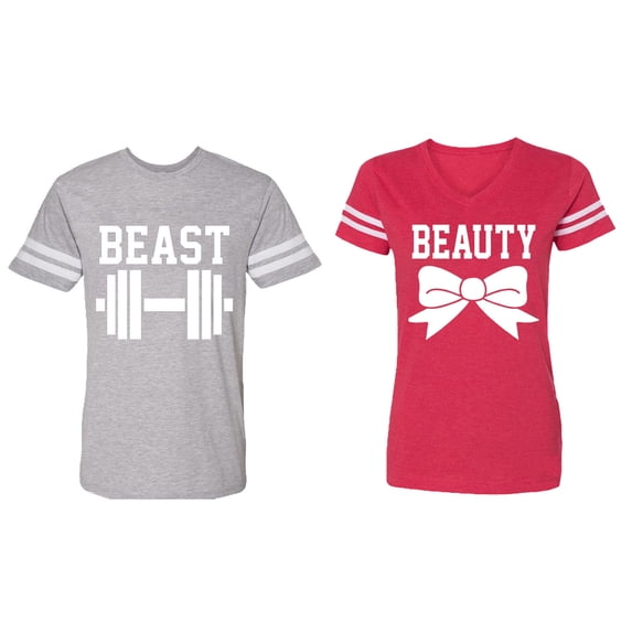 Old Beast Beauty Matching Couple Cotton Jerseys (Men Heather / Women Red) (Men S / Women XL)