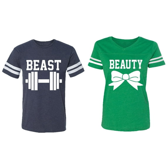 Old Beast Beauty Matching Couple Cotton Jerseys (Men Navy / Women Green) (Men XXL / Women XXL)