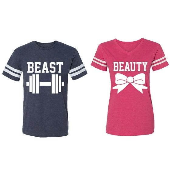 Old Beast Beauty Matching Couple Cotton Jerseys (Men Navy / Women Pink) (Men L / Women M)