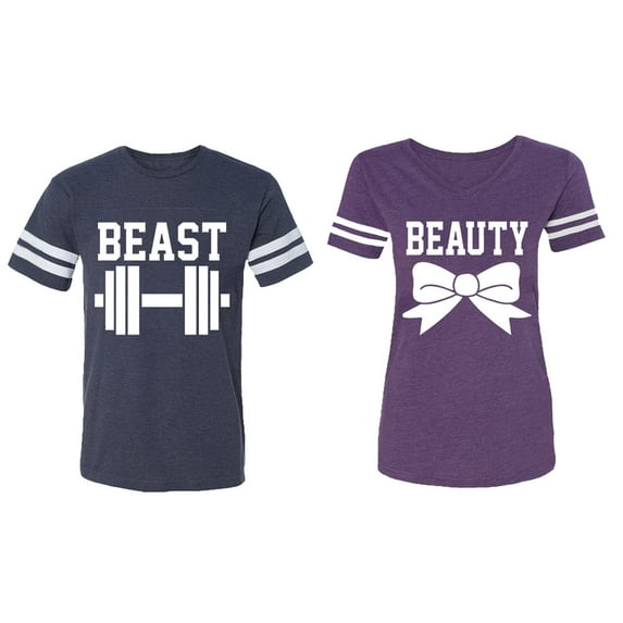 Old Beast Beauty Matching Couple Cotton Jerseys (Men Navy / Women Purple) (Men M / Women XL)