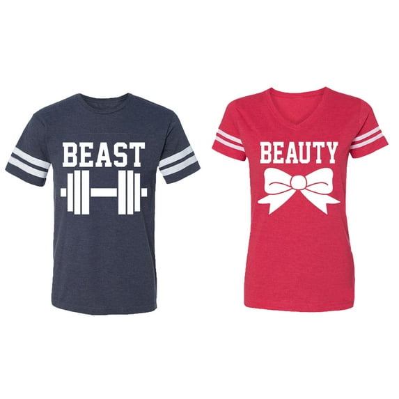 Old Beast Beauty Matching Couple Cotton Jerseys (Men Navy / Women Red) (Men S / Women S)