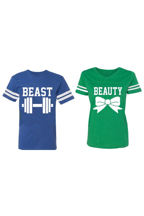 Old Beast Beauty Matching Couple Cotton Jerseys (Men Royal / Women Green) (Men M / Women M)