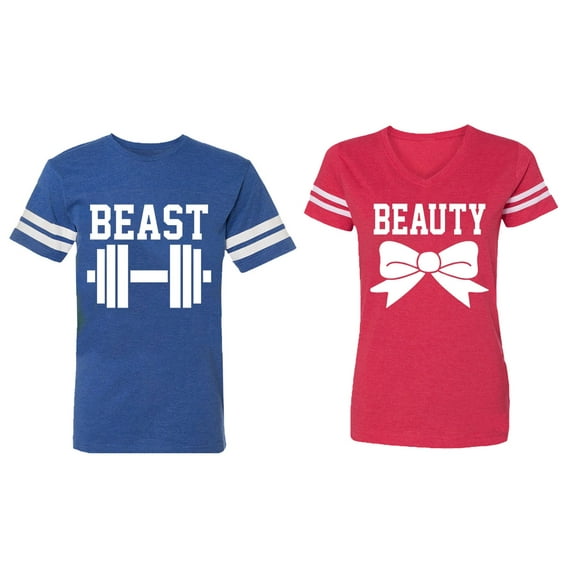 Old Beast Beauty Matching Couple Cotton Jerseys (Men Royal / Women Red) (Men M / Women M)