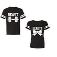 thumbnail image 1 of Old Beast Beauty Unisex Couple Matching Cotton Jersey style T-Shirt Contrasting stripes on sleeves (Men Black / Women Black) (Men XXL / Women S), 1 of 3