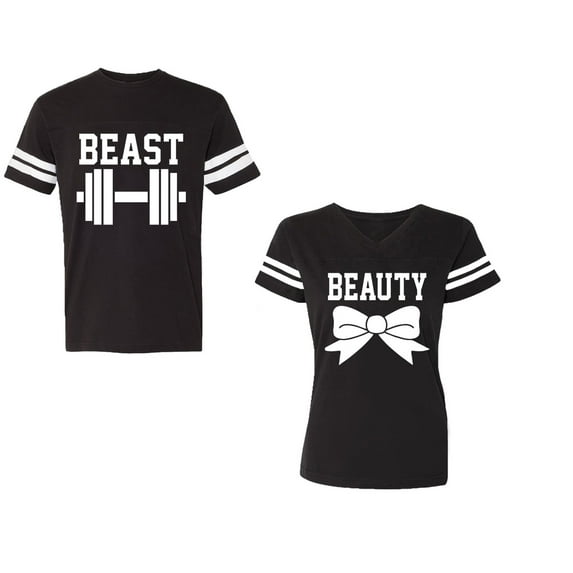 Old Beast Beauty Unisex Couple Matching Cotton Jersey style T-Shirt Contrasting stripes on sleeves (Men Black / Women Black) (Men XXL / Women S)