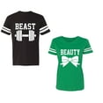 thumbnail image 1 of Old Beast Beauty Unisex Couple Matching Cotton Jersey style T-Shirt Contrasting stripes on sleeves (Men Black / Women Green) (Men S / Women S), 1 of 3
