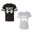 thumbnail image 1 of Old Beast Beauty Unisex Couple Matching Cotton Jersey style T-Shirt Contrasting stripes on sleeves (Men Black / Women Heather) (Men L / Women XL), 1 of 3