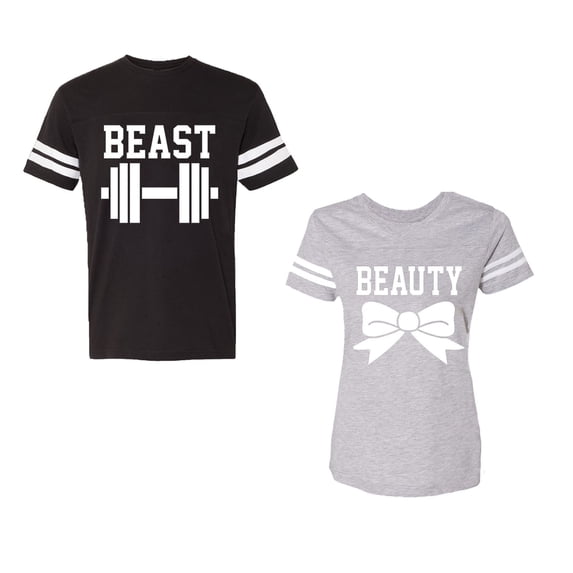 Old Beast Beauty Unisex Couple Matching Cotton Jersey style T-Shirt Contrasting stripes on sleeves (Men Black / Women Heather) (Men XL / Women S)