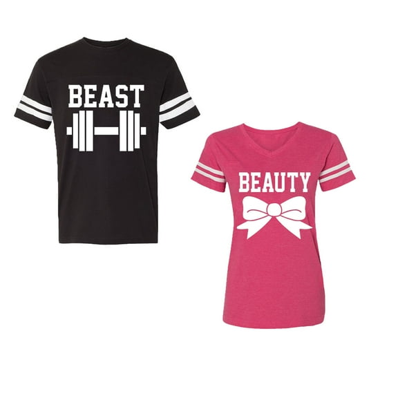 Old Beast Beauty Unisex Couple Matching Cotton Jersey style T-Shirt Contrasting stripes on sleeves (Men Black / Women Pink) (Men S / Women XL)