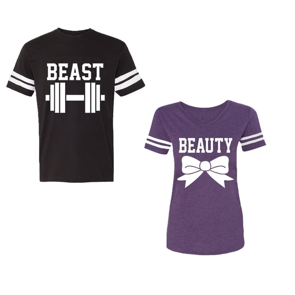 Old Beast Beauty Unisex Couple Matching Cotton Jersey style T-Shirt Contrasting stripes on sleeves (Men Black / Women Purple) (Men XL / Women XL)