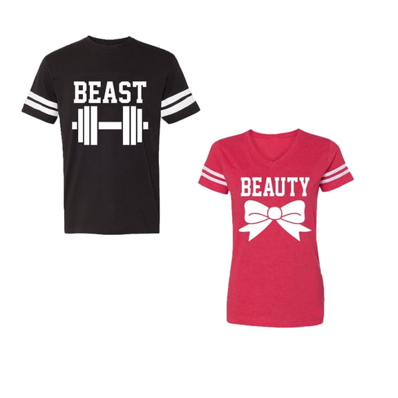 Old Beast Beauty Unisex Couple Matching Cotton Jersey style T-Shirt Contrasting stripes on sleeves (Men Black / Women Red) (Men S / Women M)