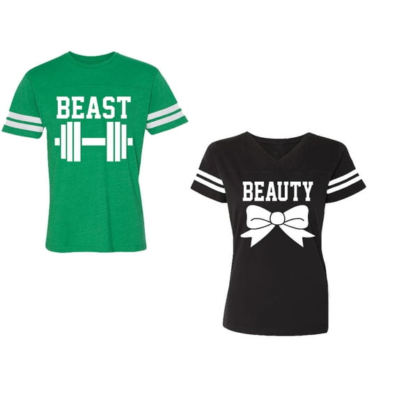 Old Beast Beauty Unisex Couple Matching Cotton Jersey style T-Shirt Contrasting stripes on sleeves (Men Green / Women Black) (Men S / Women XXL)
