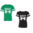 thumbnail image 1 of Old Beast Beauty Unisex Couple Matching Cotton Jersey style T-Shirt Contrasting stripes on sleeves (Men Green / Women Black) (Men XXL / Women L), 1 of 3