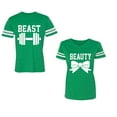 thumbnail image 1 of Old Beast Beauty Unisex Couple Matching Cotton Jersey style T-Shirt Contrasting stripes on sleeves (Men Green / Women Green) (Men L / Women L), 1 of 3