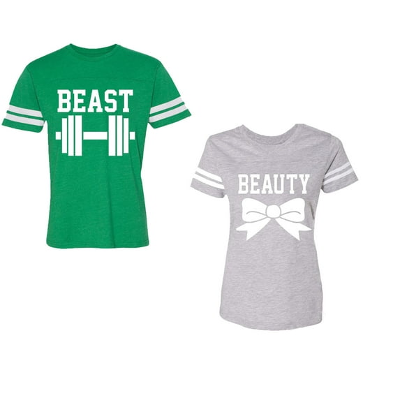 Old Beast Beauty Unisex Couple Matching Cotton Jersey style T-Shirt Contrasting stripes on sleeves (Men Green / Women Heather) (Men XXL / Women M)