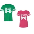thumbnail image 1 of Old Beast Beauty Unisex Couple Matching Cotton Jersey style T-Shirt Contrasting stripes on sleeves (Men Green / Women Pink) (Men S / Women S), 1 of 3