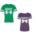 thumbnail image 1 of Old Beast Beauty Unisex Couple Matching Cotton Jersey style T-Shirt Contrasting stripes on sleeves (Men Green / Women Purple) (Men XXL / Women M), 1 of 3