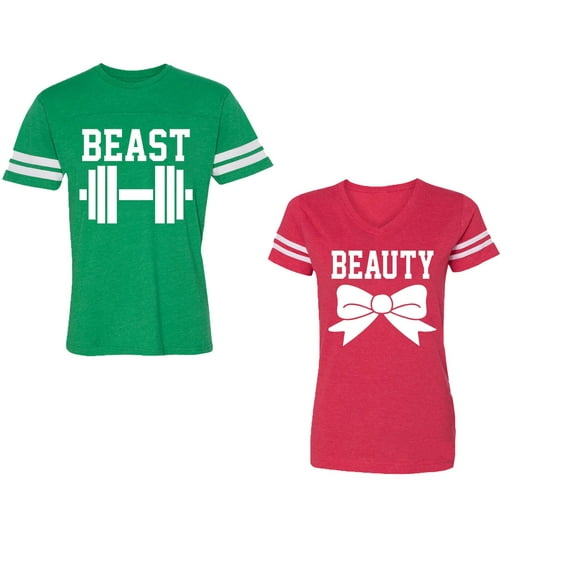 Old Beast Beauty Unisex Couple Matching Cotton Jersey style T-Shirt Contrasting stripes on sleeves (Men Green / Women Red) (Men S / Women S)
