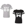 thumbnail image 1 of Old Beast Beauty Unisex Couple Matching Cotton Jersey style T-Shirt Contrasting stripes on sleeves (Men Heather / Women Black) (Men XL / Women L), 1 of 3