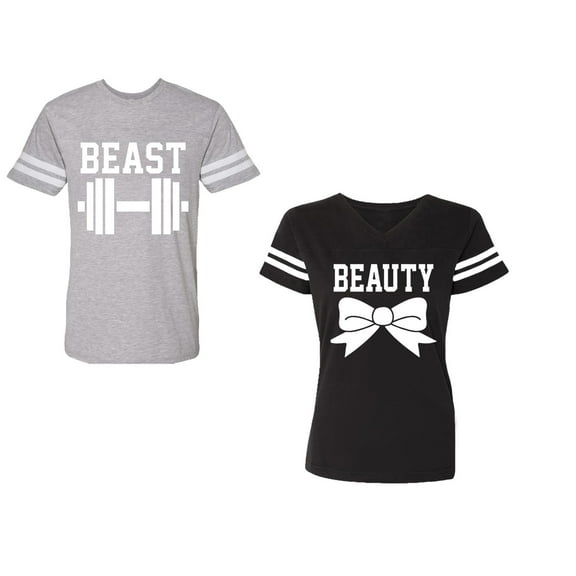 Old Beast Beauty Unisex Couple Matching Cotton Jersey style T-Shirt Contrasting stripes on sleeves (Men Heather / Women Black) (Men XL / Women L)