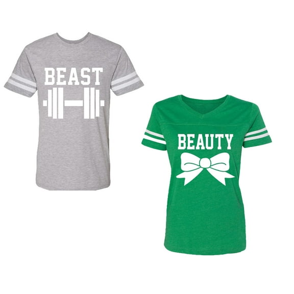 Old Beast Beauty Unisex Couple Matching Cotton Jersey style T-Shirt Contrasting stripes on sleeves (Men Heather / Women Green) (Men S / Women XXL)