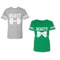 thumbnail image 1 of Old Beast Beauty Unisex Couple Matching Cotton Jersey style T-Shirt Contrasting stripes on sleeves (Men Heather / Women Green) (Men XXL / Women L), 1 of 3