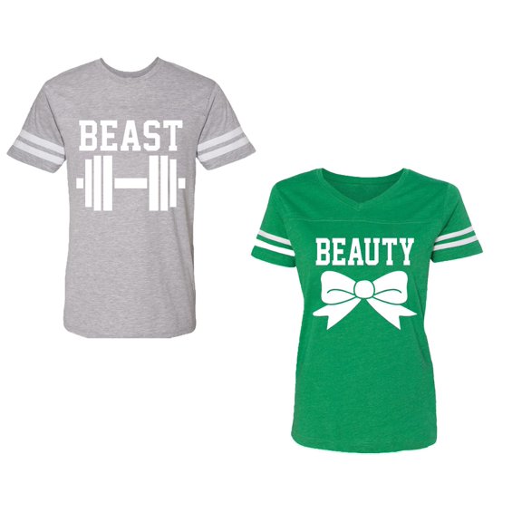 Old Beast Beauty Unisex Couple Matching Cotton Jersey style T-Shirt Contrasting stripes on sleeves (Men Heather / Women Green) (Men XXL / Women L)