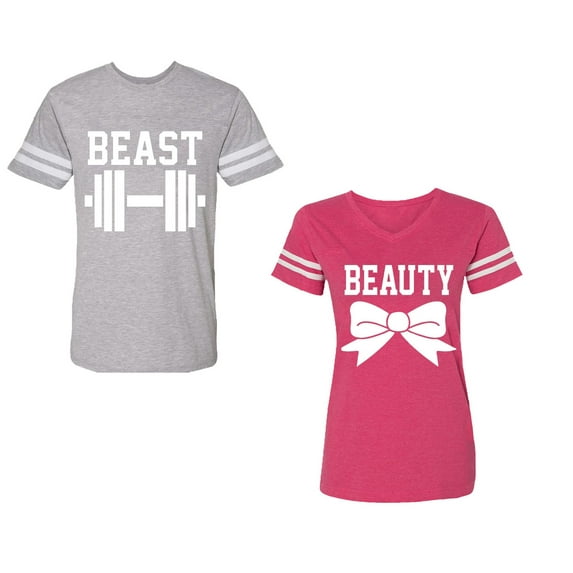 Old Beast Beauty Unisex Couple Matching Cotton Jersey style T-Shirt Contrasting stripes on sleeves (Men Heather / Women Pink) (Men XL / Women M)