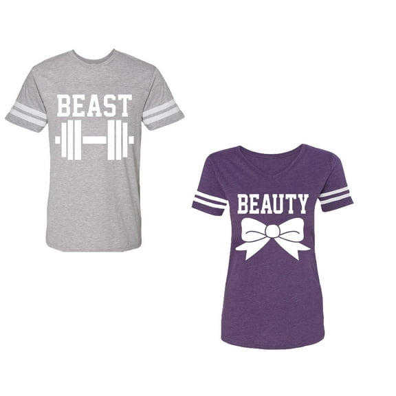 Old Beast Beauty Unisex Couple Matching Cotton Jersey style T-Shirt Contrasting stripes on sleeves (Men Heather / Women Purple) (Men M / Women S)