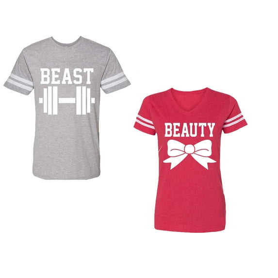 Old Beast Beauty Unisex Couple Matching Cotton Jersey style T-Shirt Contrasting stripes on sleeves (Men Heather / Women Red) (Men L / Women XL)