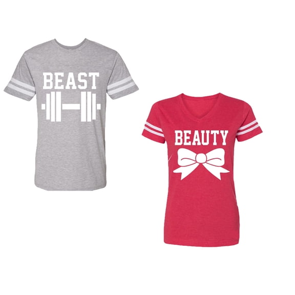 Old Beast Beauty Unisex Couple Matching Cotton Jersey style T-Shirt Contrasting stripes on sleeves (Men Heather / Women Red) (Men XXL / Women L)