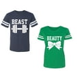 thumbnail image 1 of Old Beast Beauty Unisex Couple Matching Cotton Jersey style T-Shirt Contrasting stripes on sleeves (Men Navy / Women Green) (Men M / Women L), 1 of 3