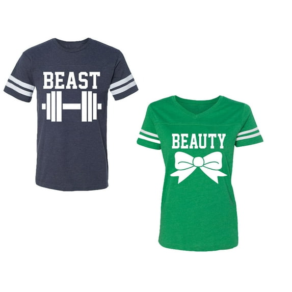 Old Beast Beauty Unisex Couple Matching Cotton Jersey style T-Shirt Contrasting stripes on sleeves (Men Navy / Women Green) (Men S / Women XXL)