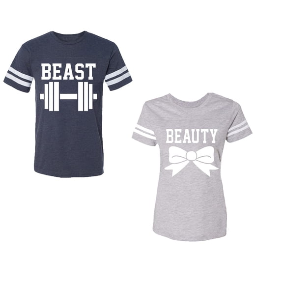 Old Beast Beauty Unisex Couple Matching Cotton Jersey style T-Shirt Contrasting stripes on sleeves (Men Navy / Women Heather) (Men XL / Women XXL)