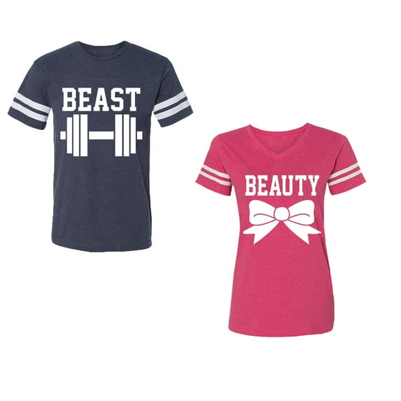 Old Beast Beauty Unisex Couple Matching Cotton Jersey style T-Shirt Contrasting stripes on sleeves (Men Navy / Women Pink) (Men L / Women XXL)