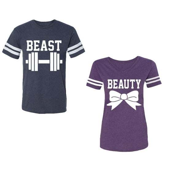 Old Beast Beauty Unisex Couple Matching Cotton Jersey style T-Shirt Contrasting stripes on sleeves (Men Navy / Women Purple) (Men XXL / Women M)