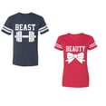 thumbnail image 1 of Old Beast Beauty Unisex Couple Matching Cotton Jersey style T-Shirt Contrasting stripes on sleeves (Men Navy / Women Red) (Men S / Women M), 1 of 3
