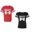 thumbnail image 1 of Old Beast Beauty Unisex Couple Matching Cotton Jersey style T-Shirt Contrasting stripes on sleeves (Men Red / Women Black) (Men M / Women XXL), 1 of 3
