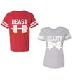 thumbnail image 1 of Old Beast Beauty Unisex Couple Matching Cotton Jersey style T-Shirt Contrasting stripes on sleeves (Men Red / Women Heather) (Men S / Women L), 1 of 3