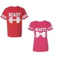 thumbnail image 1 of Old Beast Beauty Unisex Couple Matching Cotton Jersey style T-Shirt Contrasting stripes on sleeves (Men Red / Women Pink) (Men XL / Women XXL), 1 of 3