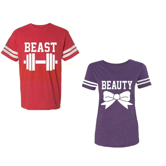 Old Beast Beauty Unisex Couple Matching Cotton Jersey style T-Shirt Contrasting stripes on sleeves (Men Red / Women Purple) (Men L / Women S)